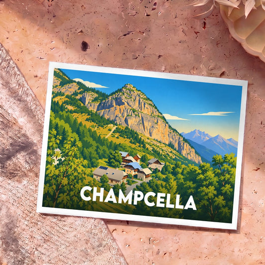 Carte postale souvenir de la ville de Champcella avec une illustration stylisée d'un village de montagne.