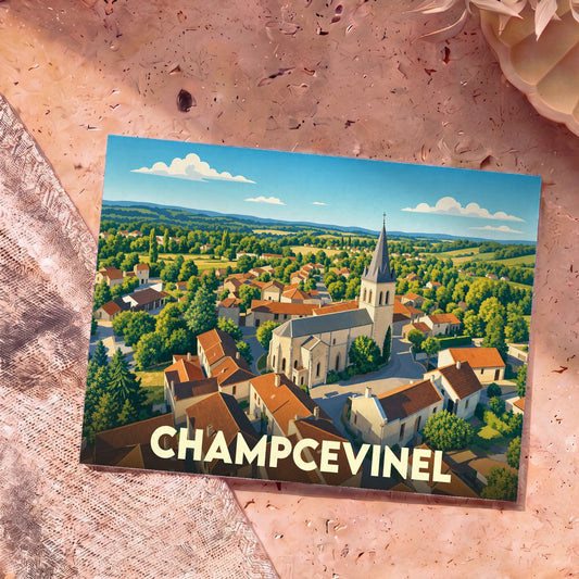 Carte postale souvenir de la ville de Champcevinel avec une illustration stylisée d'un village pittoresque et son église.
