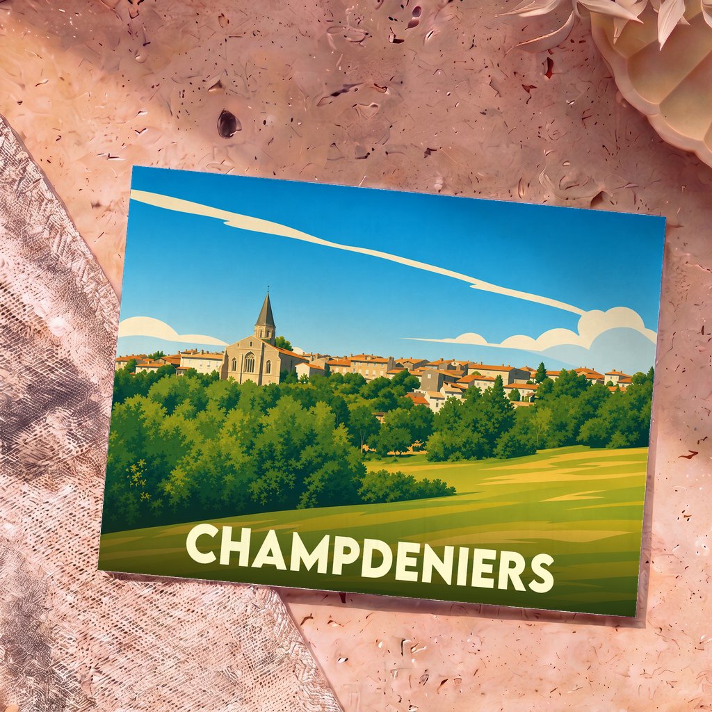 Carte postale souvenir de la ville de Champdeniers avec une illustration stylisée.