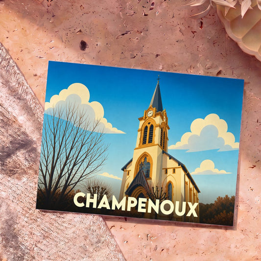 Carte postale souvenir de la ville de Champenoux illustrant son église dans un style graphique épuré.