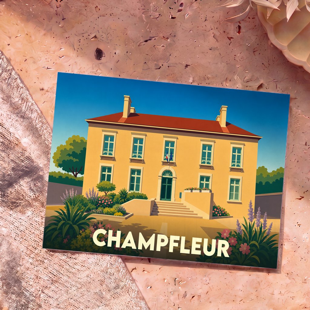 Carte postale souvenir de la ville de Champfleur avec une illustration stylisée de sa mairie fleurie.
