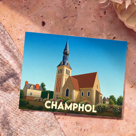Carte postale souvenir de la ville de Champhol avec une illustration stylisée de son église sous un ciel bleu.