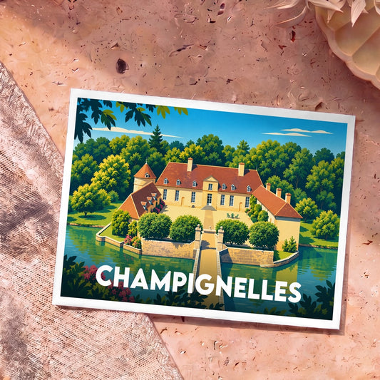 Carte postale souvenir de la ville de Champignelles avec une illustration stylisée de son château bordé par l'eau.