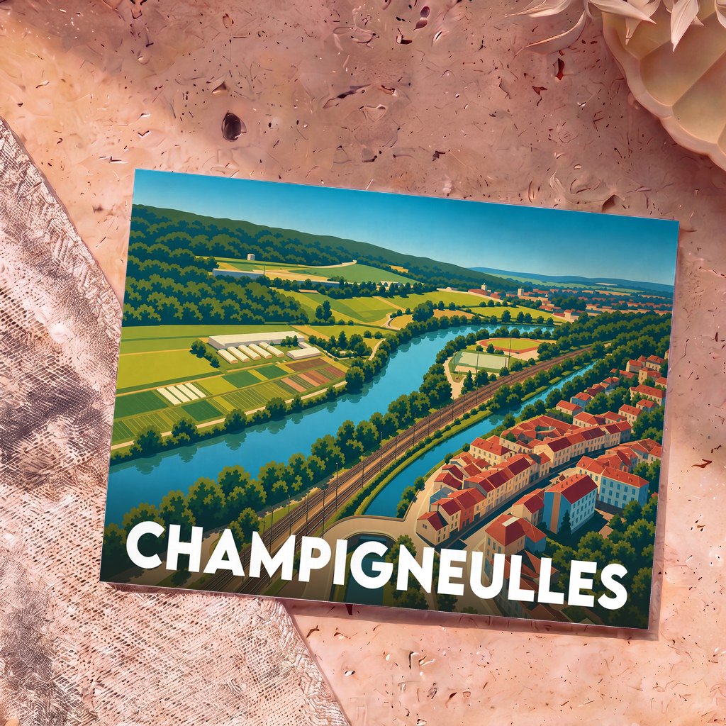 Carte postale souvenir de la ville de Champigneulles avec une illustration panoramique stylisée de ses paysages et de la rivière.