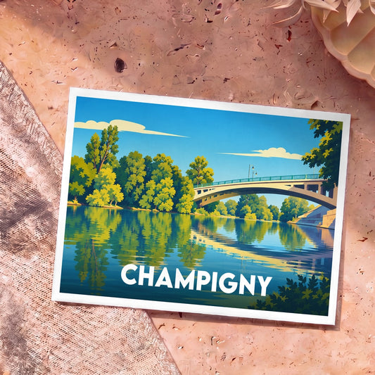 Carte postale souvenir de la ville de Champigny illustrant un pont enjambant une rivière avec un style graphique épuré.