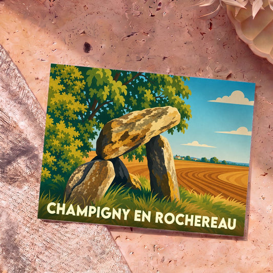 Carte postale souvenir de la ville de Champigny en Rochereau illustrant un dolmen au bord d'un champ.