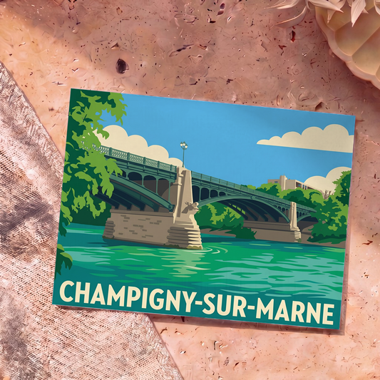 Carte postale souvenir de la ville de Champigny-sur-Marne avec une illustration stylisée de son pont sur la rivière.