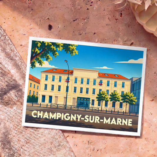 Carte postale souvenir de la ville de Champigny-sur-Marne avec une illustration stylisée de l'hôtel de ville.