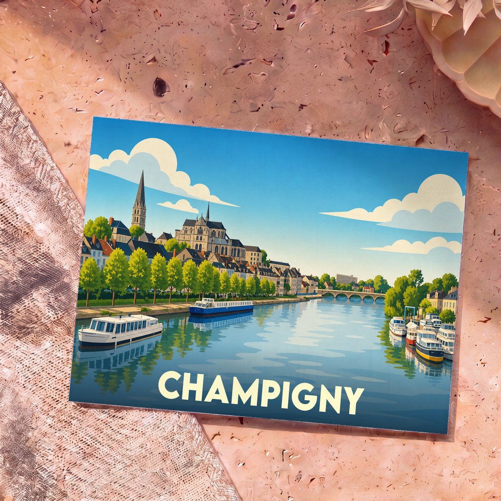 Carte postale souvenir de la ville de Champigny avec une illustration stylisée montrant les bords de la Marne et une église.