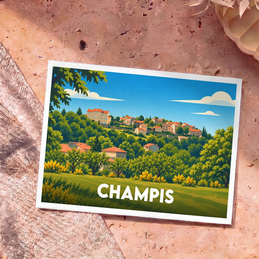 Carte postale souvenir de la ville de Champis avec une illustration stylisée de son village vallonné.