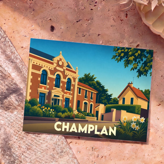 Carte postale souvenir de la ville de Champlan avec une illustration stylisée de sa mairie.