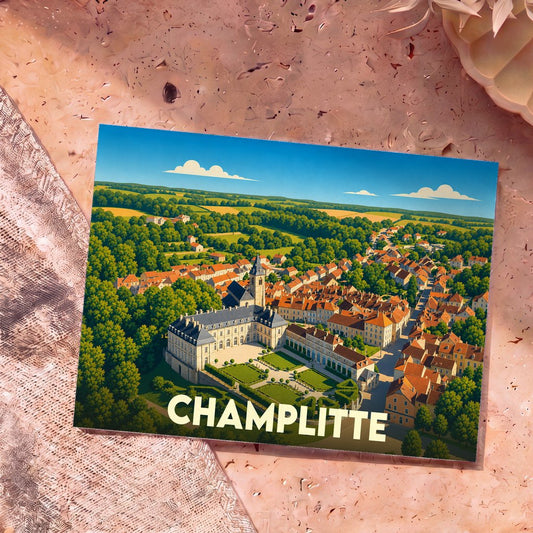 Carte postale souvenir de la ville de Champlitte illustrant son château et ses toits de tuiles dans un style graphique coloré.