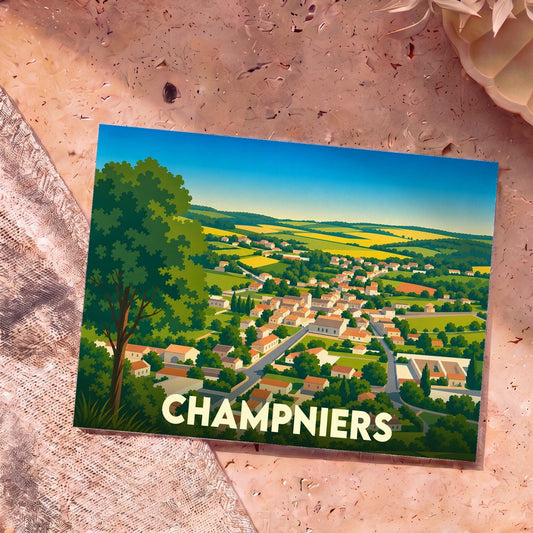 Carte postale souvenir de la ville de Champniers avec une illustration stylisée d'un paysage de campagne.