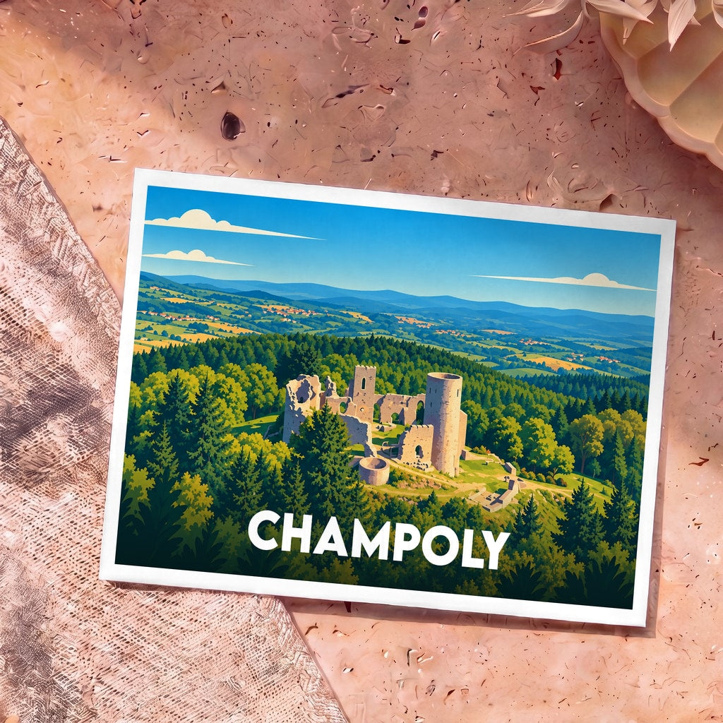 Carte postale souvenir de la ville de Champoly illustrant les ruines de son château médiéval au cœur d'une forêt.