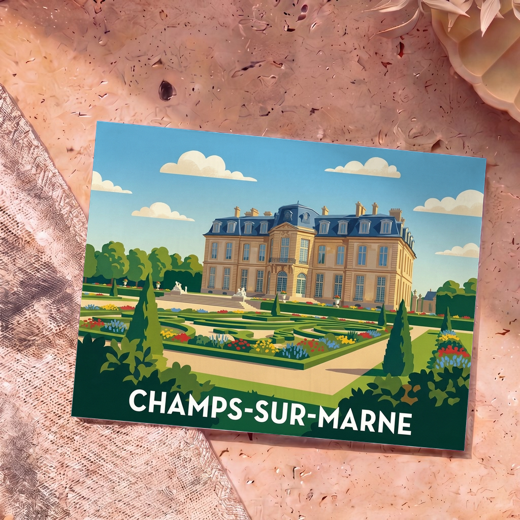 Carte postale souvenir de la ville de Champs-sur-Marne avec une illustration stylisée de son château et de ses jardins.