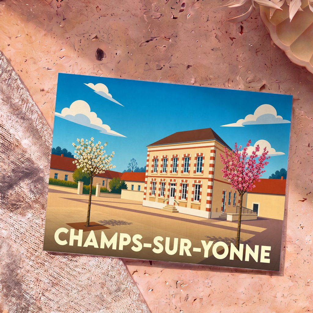 Carte postale souvenir de la ville de Champs-sur-Yonne avec une illustration stylisée de sa mairie.