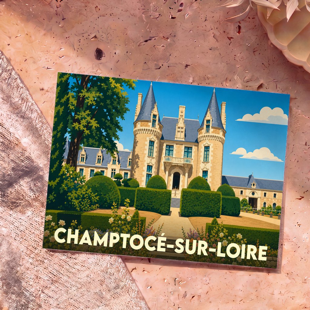 Carte postale souvenir de la ville de Champtocé-sur-Loire avec une illustration stylisée d'un château.