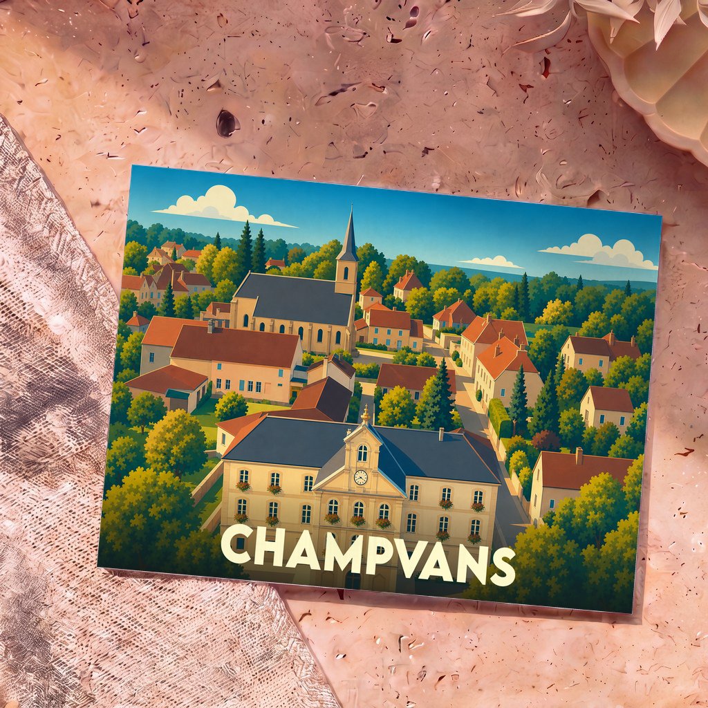 Carte postale souvenir de la ville de Champvans avec une illustration stylisée.