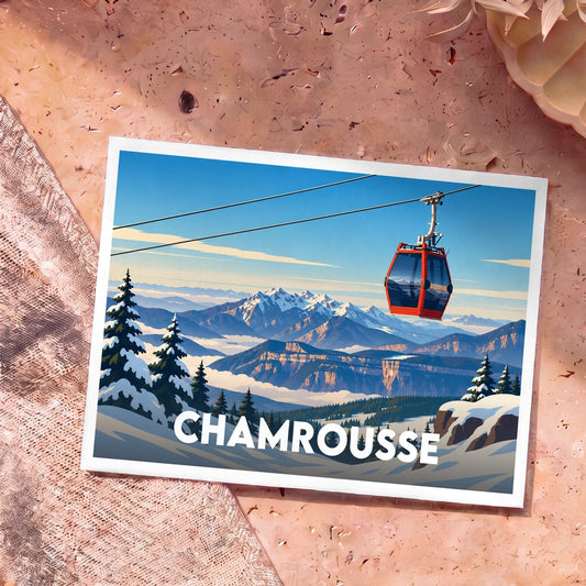 Carte postale souvenir de Chamrousse présentant une illustration stylisée d'un téléphérique rouge survolant des montagnes enneigées.