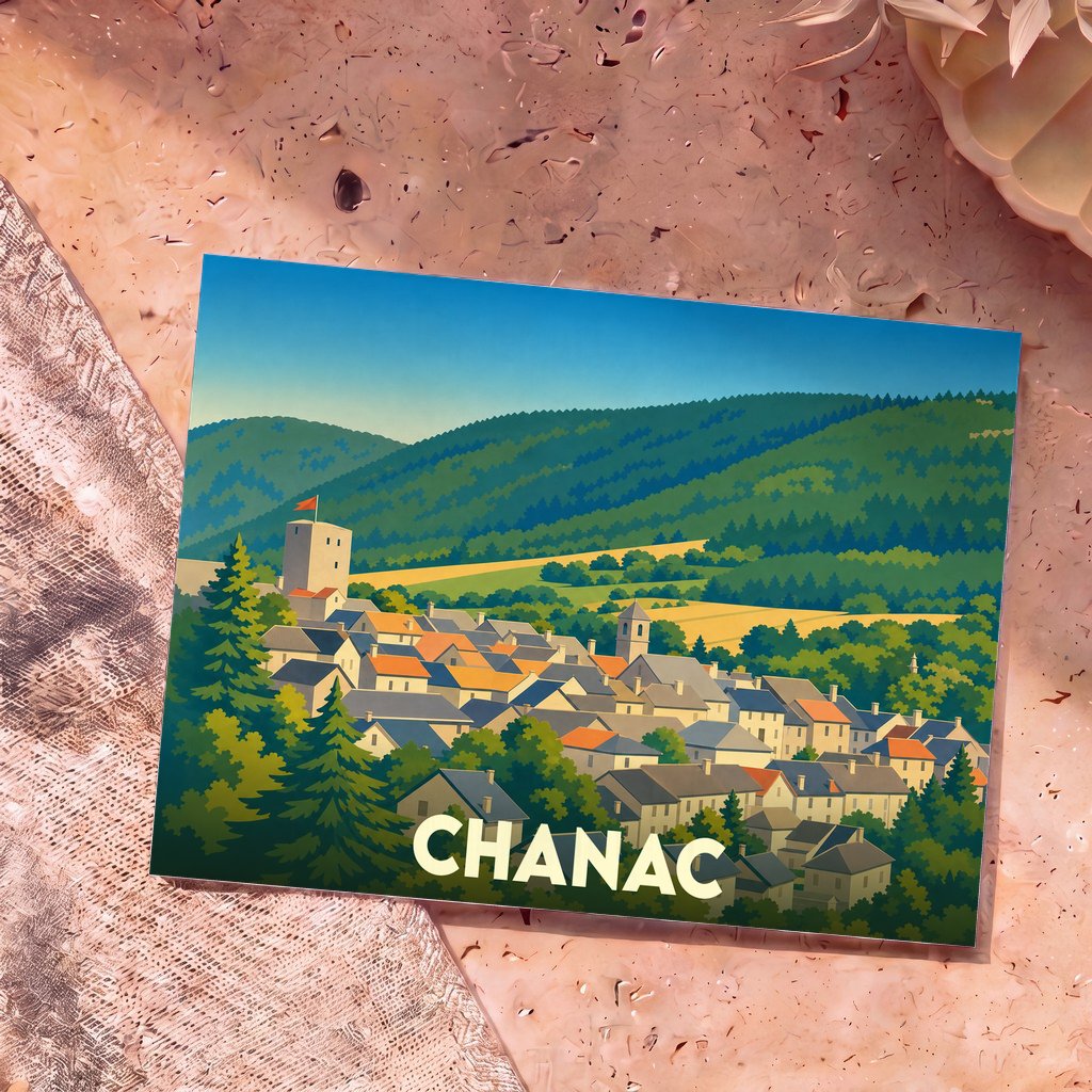 Carte postale souvenir de la ville de Chanac avec une illustration stylisée et colorée.