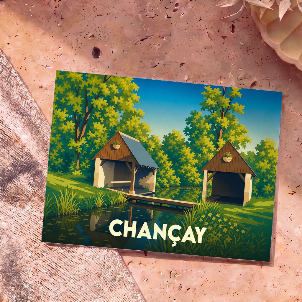 Carte postale souvenir de la ville de Chançay illustrant deux lavoirs traditionnels au bord de l'eau dans un style graphique épuré.