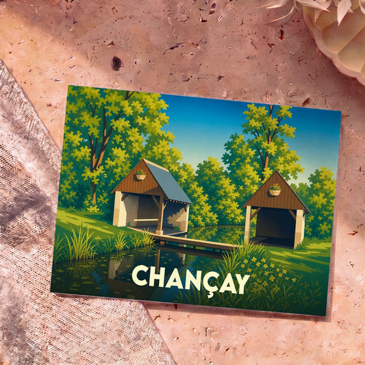 Carte postale souvenir de la ville de Chançay illustrant deux lavoirs traditionnels au bord de l'eau dans un style graphique épuré.