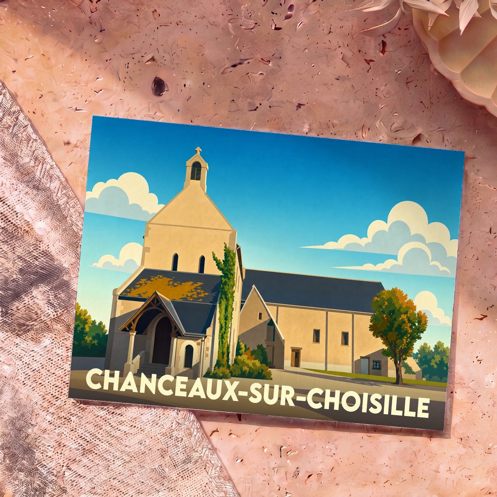 Carte postale souvenir de la ville de Chanceaux-sur-Choisille avec une illustration stylisée de son église.