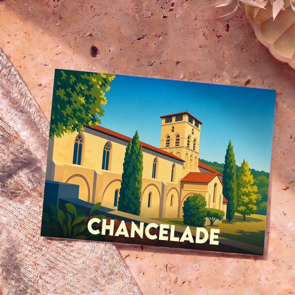 Carte postale souvenir de la ville de Chancelade avec une illustration stylisée de son abbaye.