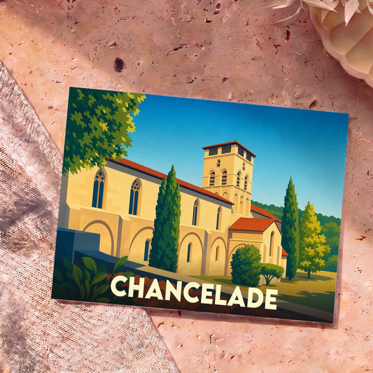 Carte postale souvenir de la ville de Chancelade avec une illustration stylisée de son abbaye.