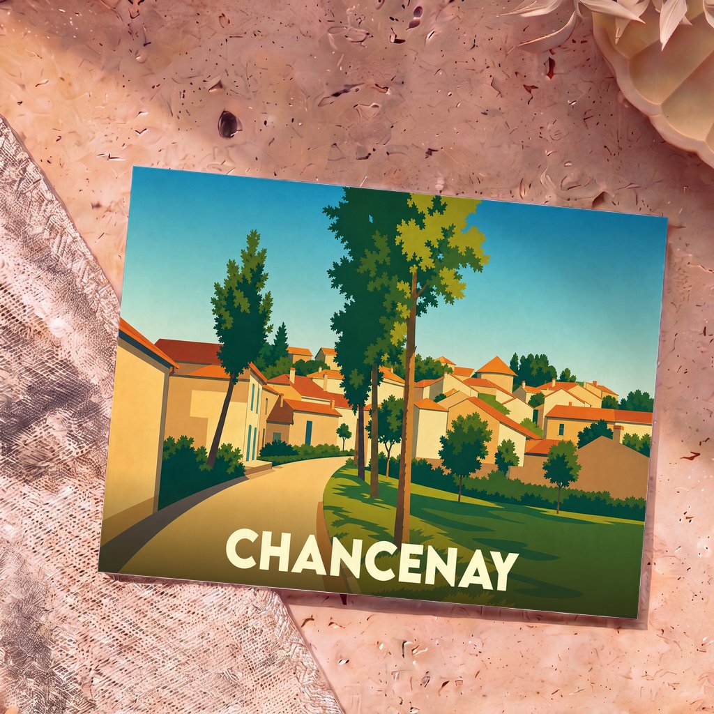 Carte postale souvenir de la ville de Chancenay avec une illustration stylisée d'un village ensoleillé.