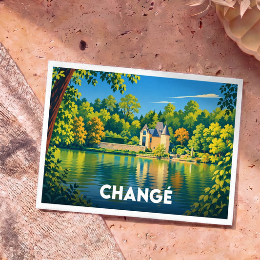 Carte postale souvenir de la ville de Changé avec une illustration stylisée d'un château au bord de l'eau.
