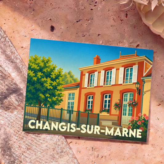 Carte postale souvenir de la ville de Changis-sur-Marne avec une illustration colorée et stylisée d'une maison traditionnelle française.