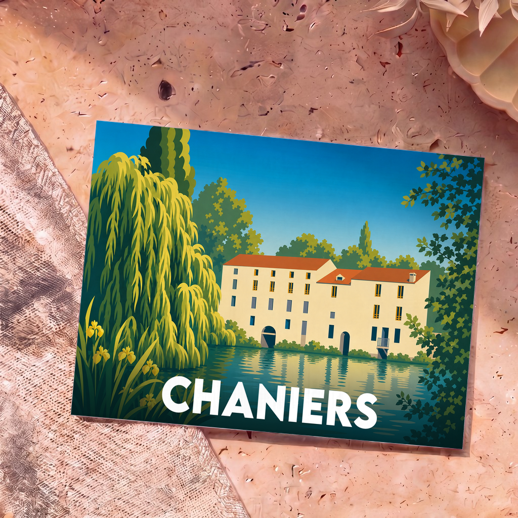 Carte postale souvenir de la ville de Chaniers avec une illustration stylisée d'un moulin au bord de l'eau.