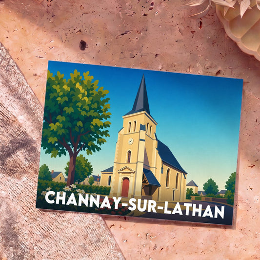 Carte postale souvenir de la ville de Channay-sur-Lathan avec une illustration stylisée de son église.