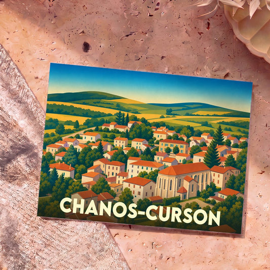 Carte postale souvenir de la ville de Chanos-Curson illustrant une vue panoramique stylisée du village et de sa campagne.