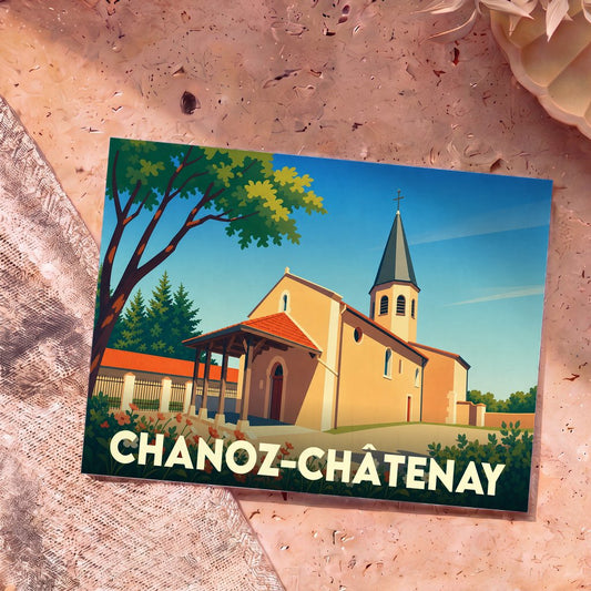 Carte postale souvenir de la ville de Chanoz-Châtenay illustrant son église dans un style graphique épuré.