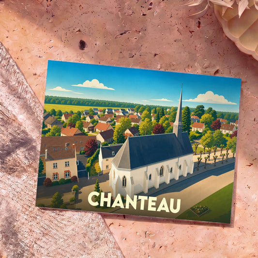 Carte postale souvenir de la ville de Chanteau illustrant son église et ses maisons dans un style graphique épuré.