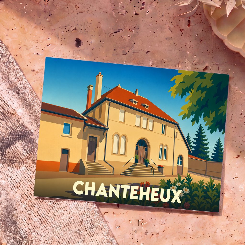 Carte postale souvenir de la ville de Chanteheux avec une illustration stylisée de son patrimoine architectural.
