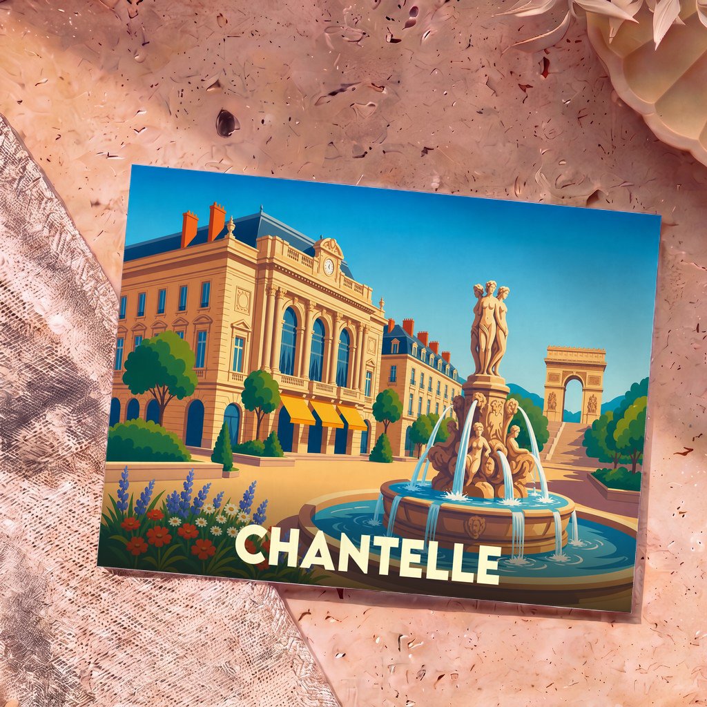 Carte postale souvenir de la ville de Chantelle avec une illustration stylisée d'une fontaine et d'une place ensoleillée.
