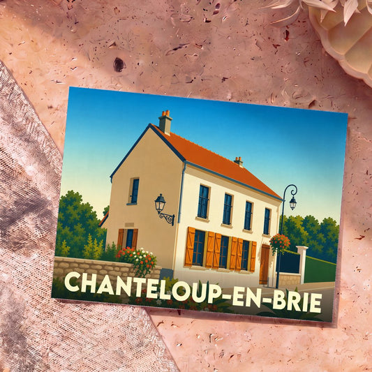 Carte postale souvenir de la ville de Chanteloup-en-Brie avec une illustration stylisée d'une maison briarde.