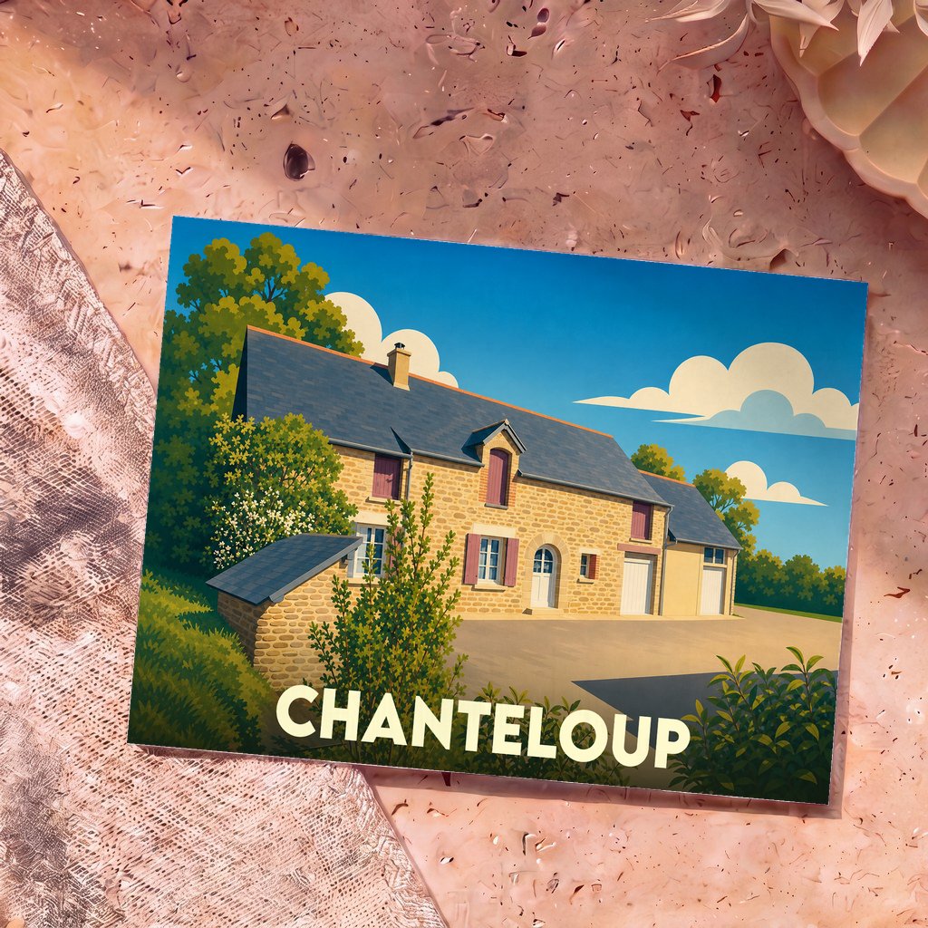Carte postale souvenir de la ville de Chanteloup avec une illustration stylisée d'une maison traditionnelle en pierre.
