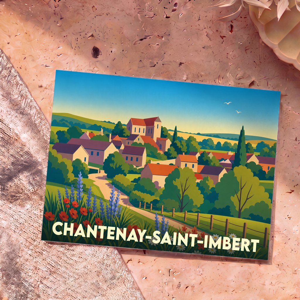 Carte postale souvenir de Chantenay-Saint-Imbert avec une illustration stylisée et colorée du village.