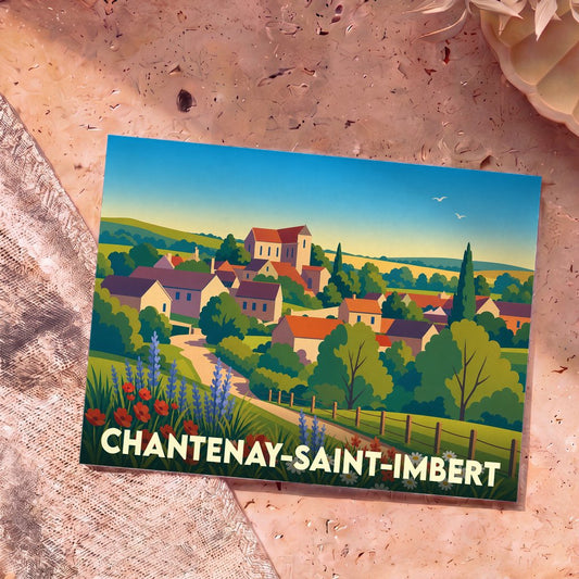 Carte postale souvenir de Chantenay-Saint-Imbert avec une illustration stylisée et colorée du village.