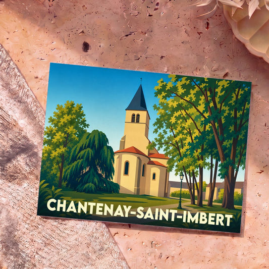 Carte postale souvenir de la ville de Chantenay-Saint-Imbert avec une illustration stylisée de son église et de son parc.