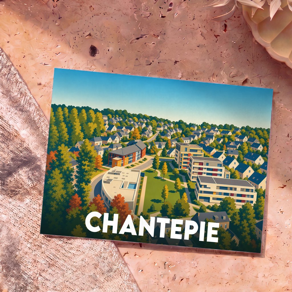 Carte postale souvenir de la ville de Chantepie avec une illustration stylisée et colorée du paysage urbain.