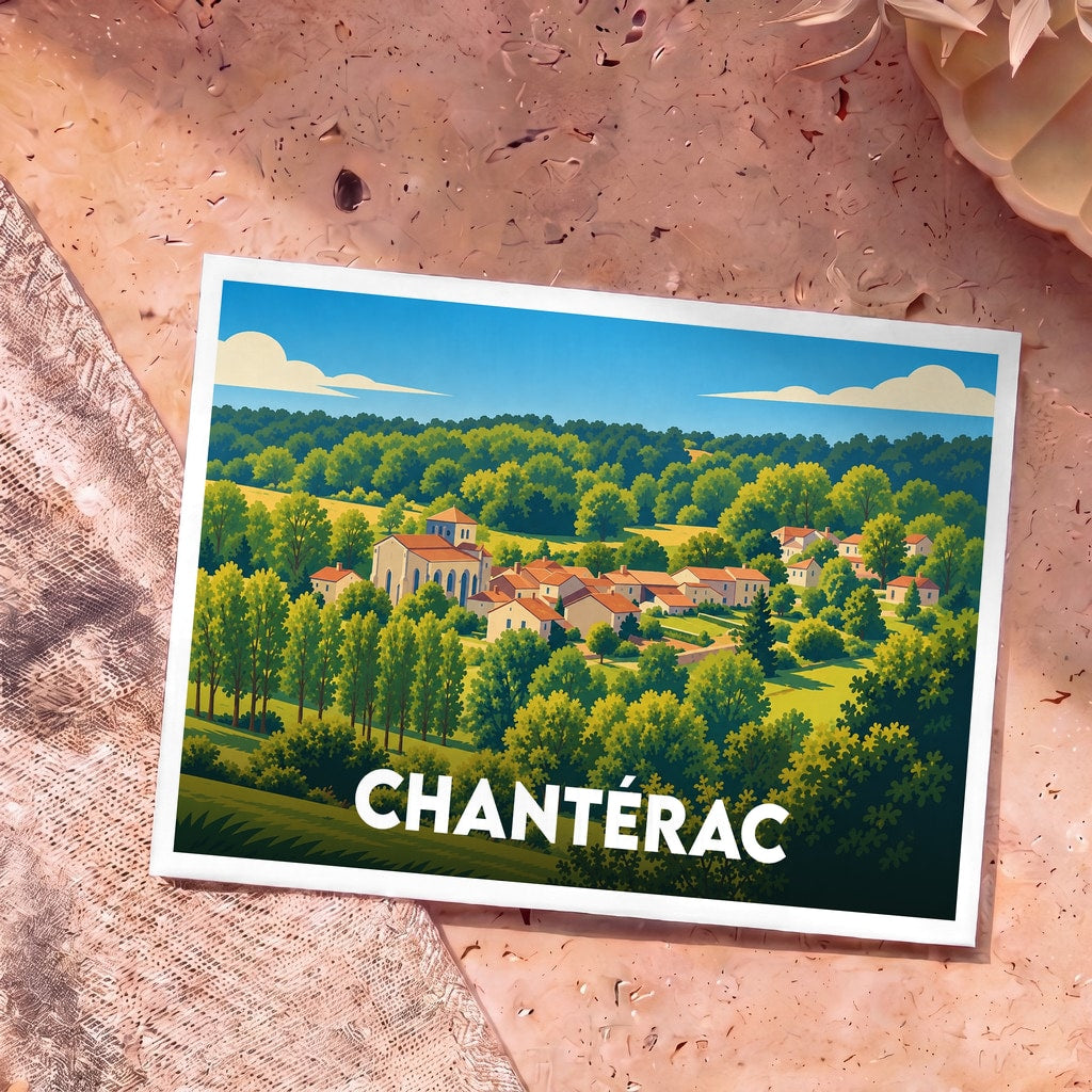 Carte postale souvenir de la ville de Chantérac arborant une illustration stylisée de son village niché dans la verdure.