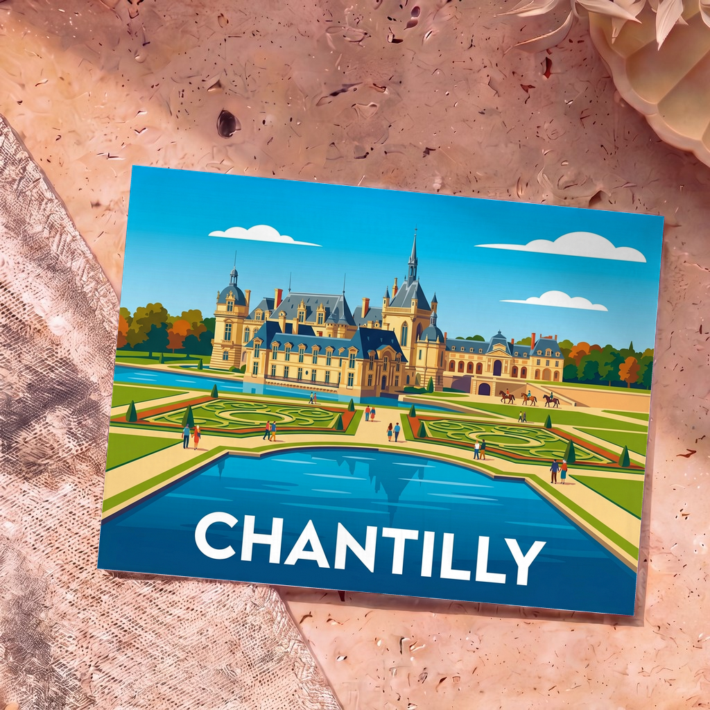 Carte postale souvenir de la ville de Chantilly avec une illustration stylisée de son château et de ses jardins.