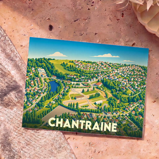 Carte postale souvenir de la ville de Chantraine avec une illustration stylisée et colorée.