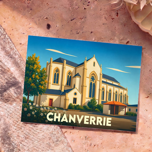 Carte postale souvenir de la ville de Chanverrie illustrant son église dans un style graphique épuré.