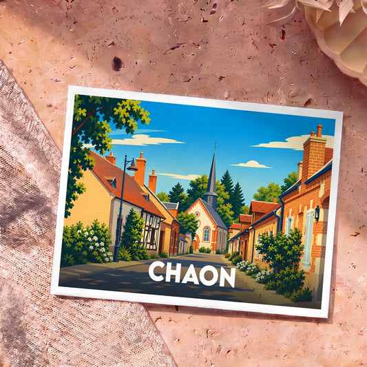Carte postale souvenir de la ville de Chaon illustrée d'un village pittoresque aux couleurs vives.